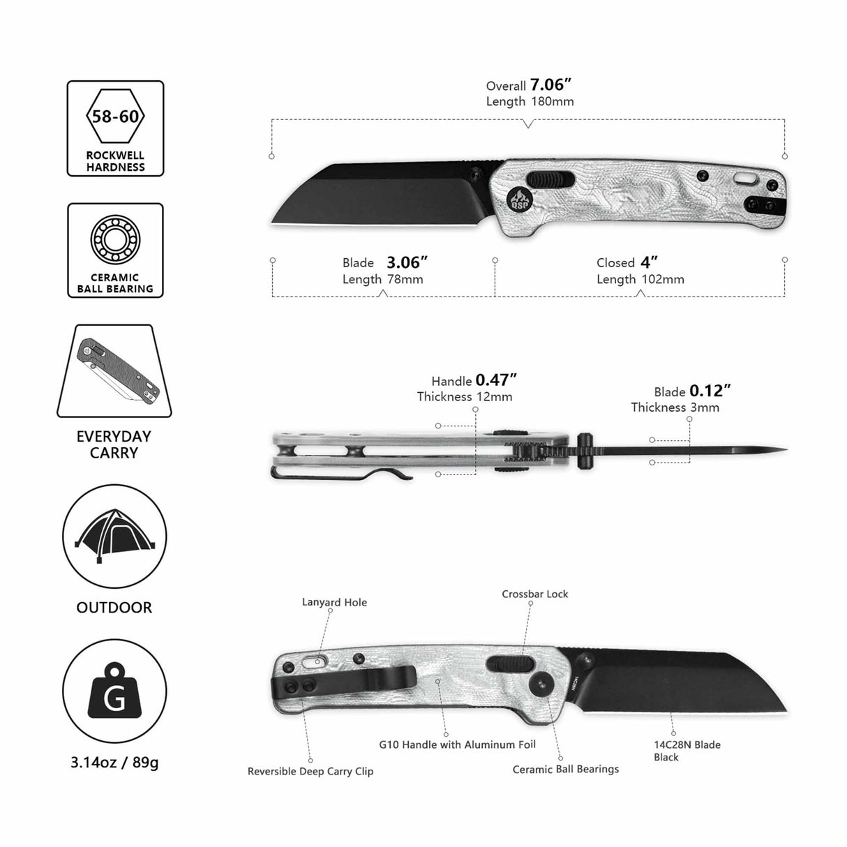 QSP Penguin Glyde Lock Pocket Knife 14C28N Blade G10 with Aluminum Foil Handle