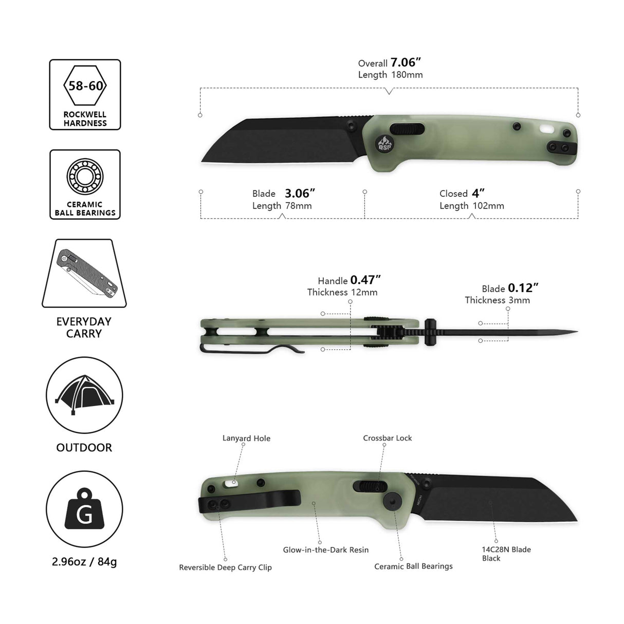 QSP Penguin Glyde Lock Pocket Knife 14C28N Blade Black Glow-in-the-dark resin Handle
