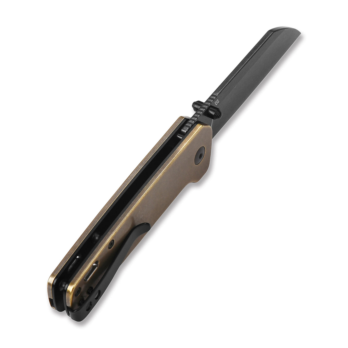 QSP Penguin pocket knife with D2 sheepsfoot blade and brass handle, side view.