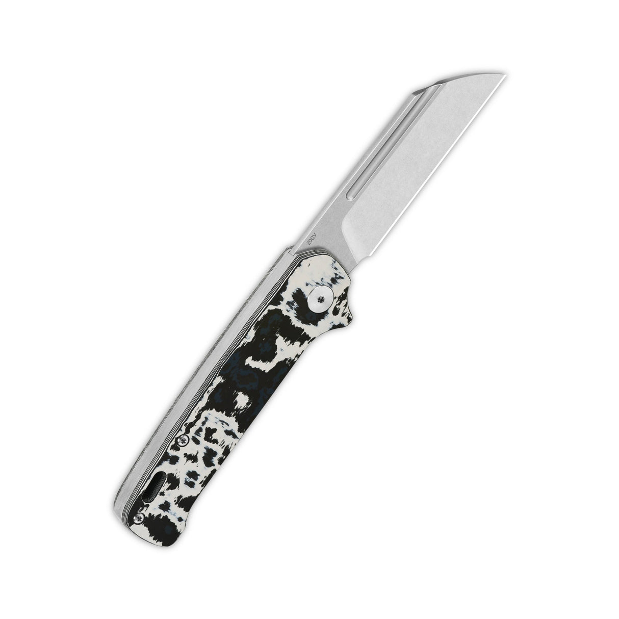 QSP Penguin knife with 20CV blade and white storm Fat Carbon handle side view.