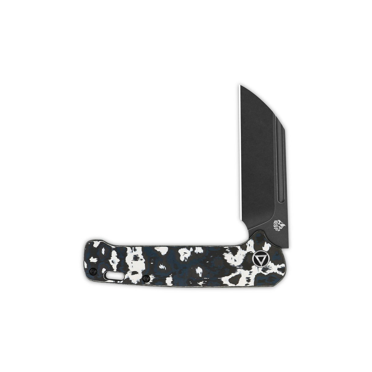 QSP Penguin knife showcasing 20CV blade and unique white storm Fat Carbon handle.