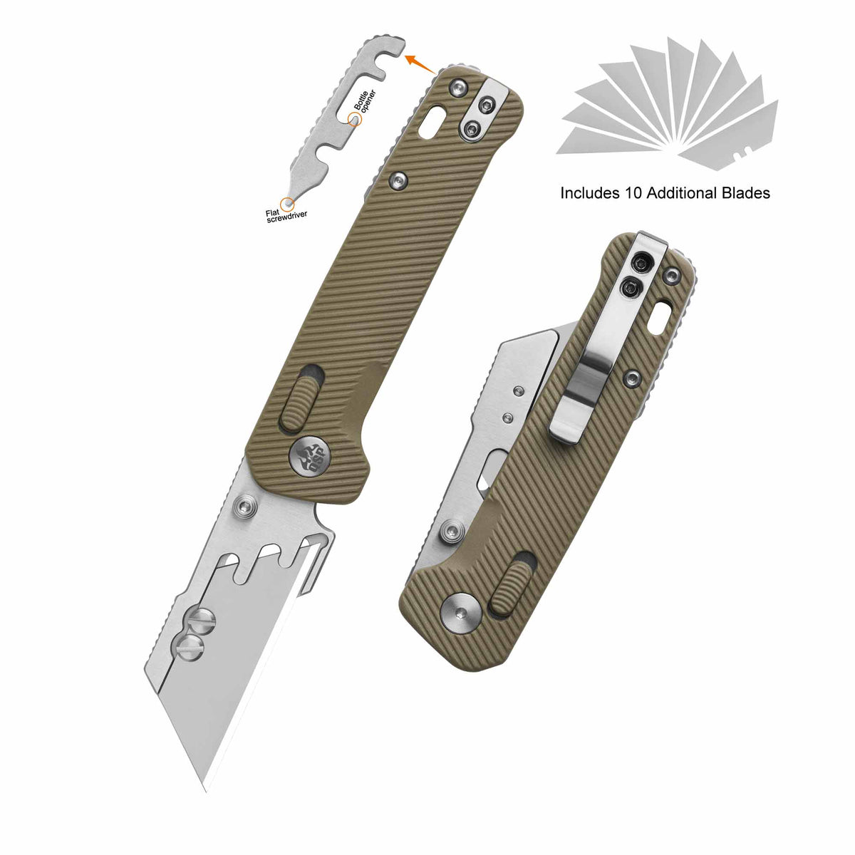 QSP Penguin Workmate Glyde Lock Utility Knife Stainless Steel Blade Khaki FRN Handle