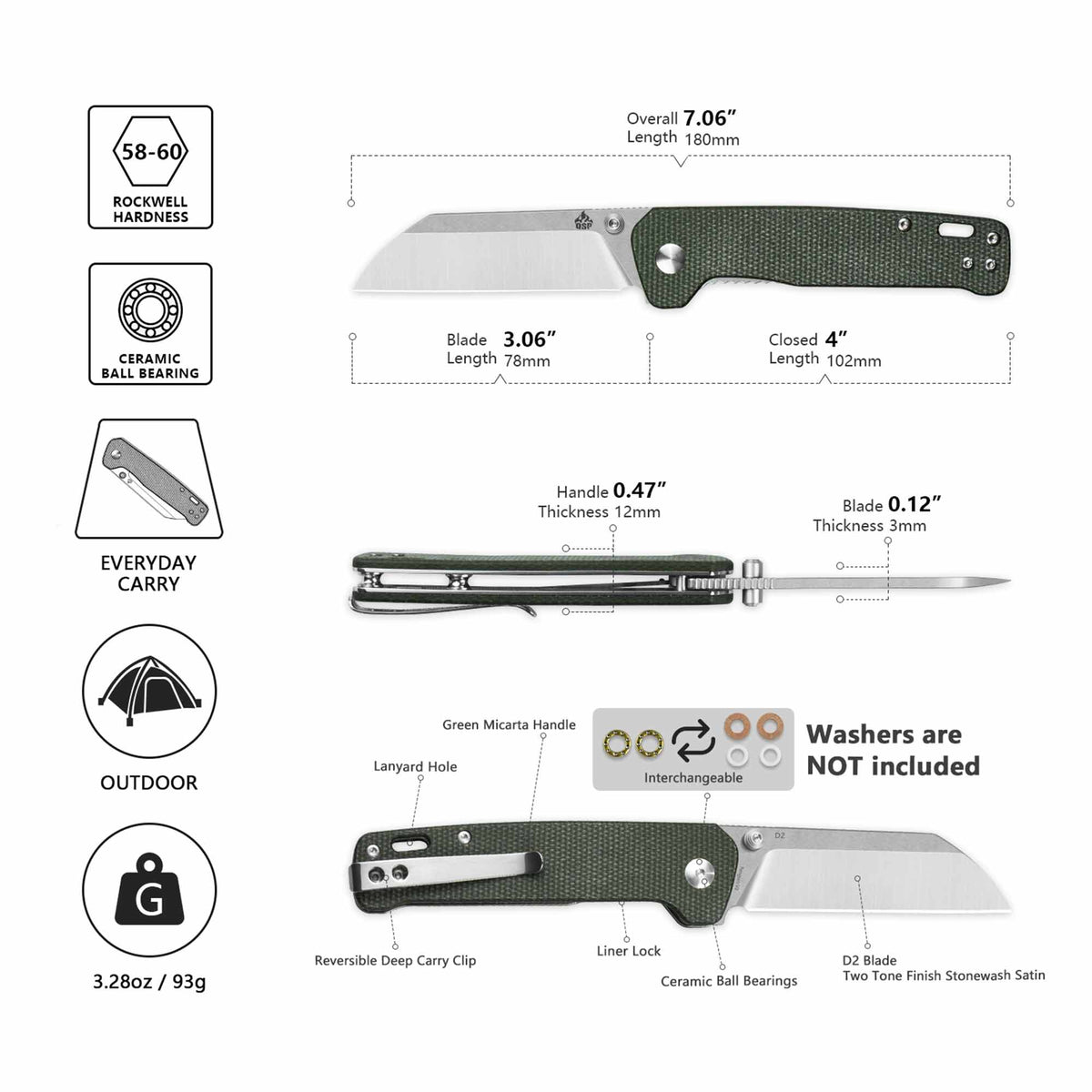QSP Penguin V2 Liner Lock Pocket Knife D2 blade Green Micarta handle