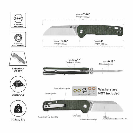 QSP Penguin V2 Liner Lock Pocket Knife D2 blade Green Micarta handle