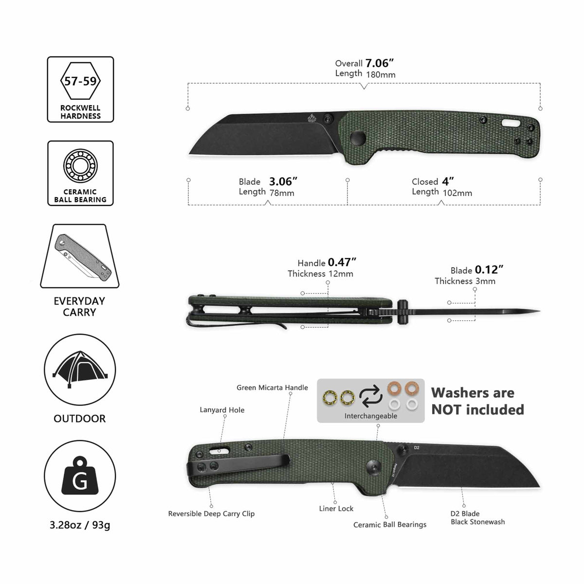 QSP Penguin V2 Liner Lock Pocket Knife D2 blade Green Micarta handle