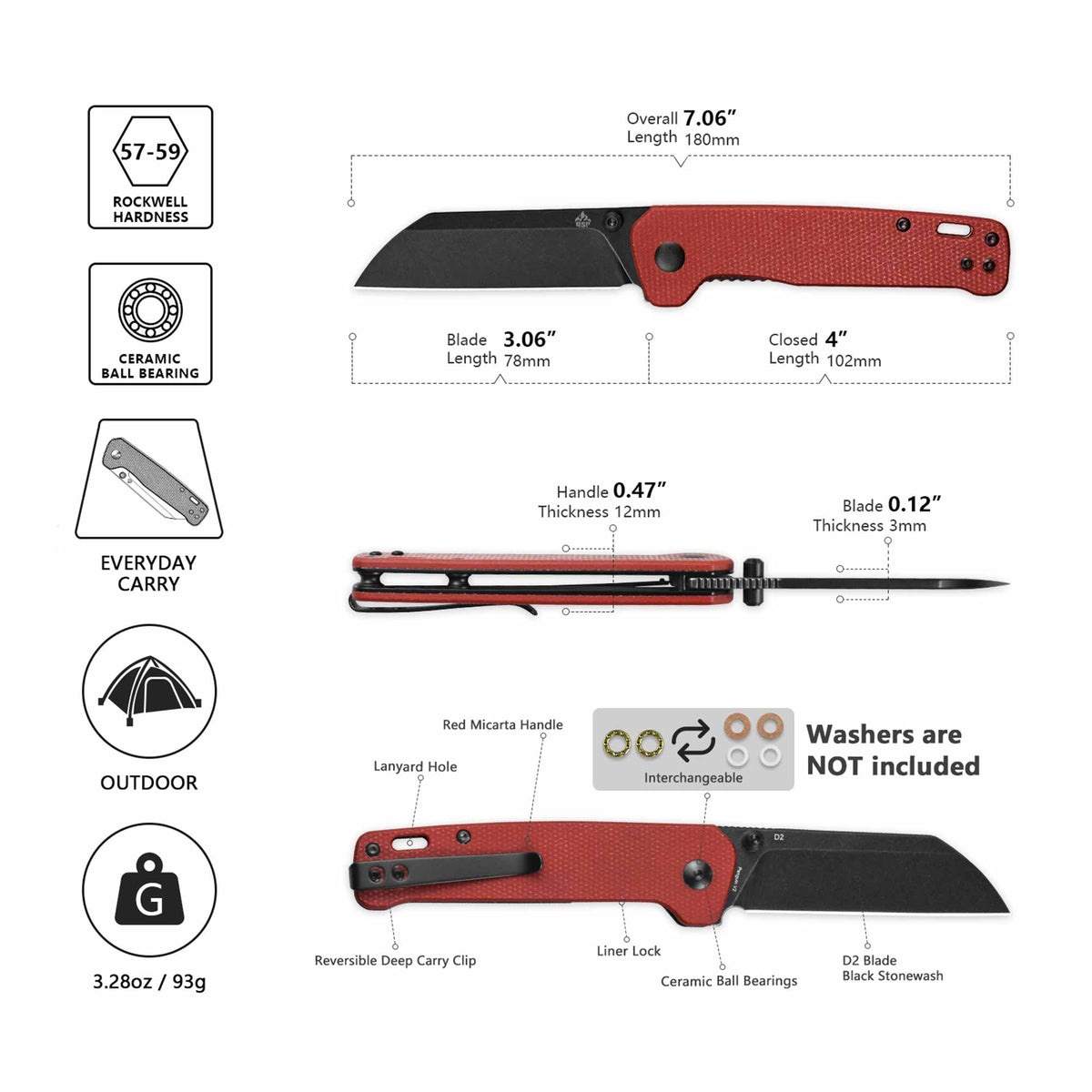 QSP Penguin V2 Liner Lock Pocket Knife D2 blade Red Micarta handle