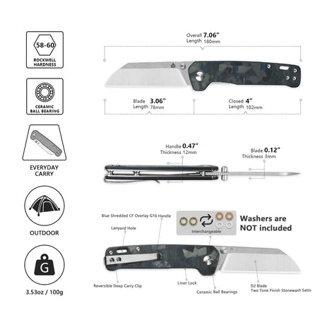 QSP Penguin V2 Liner Lock Pocket Knife D2 blade Blue Shredded CF overlay G10 handle