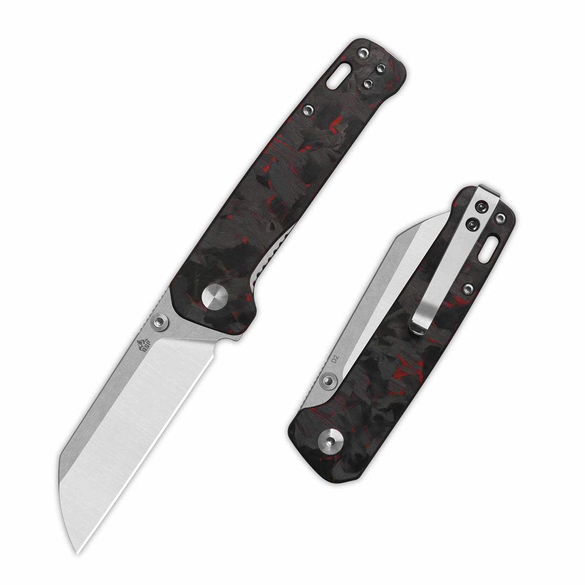 QSP Penguin V2 Liner Lock Pocket Knife D2 blade Red Shredded CF overlay G10 handle