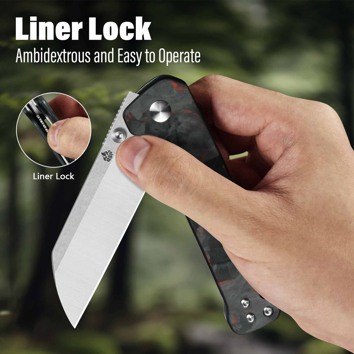 QSP Penguin V2 Liner Lock Pocket Knife D2 blade Red Shredded CF overlay G10 handle