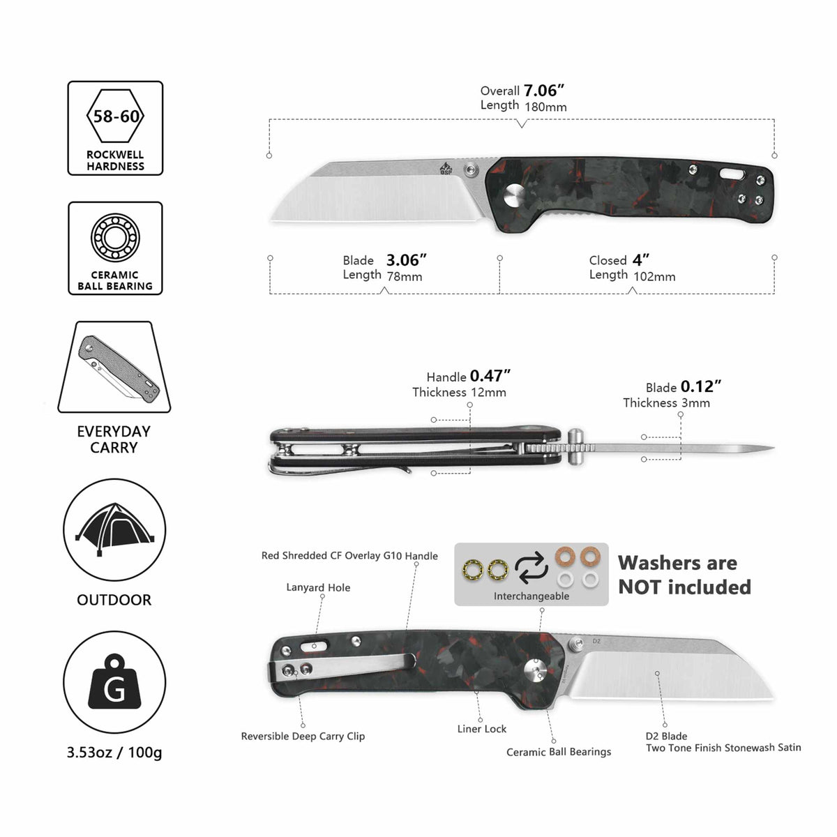QSP Penguin V2 Liner Lock Pocket Knife D2 blade Red Shredded CF overlay G10 handle