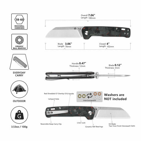 QSP Penguin V2 Liner Lock Pocket Knife D2 blade Red Shredded CF overlay G10 handle