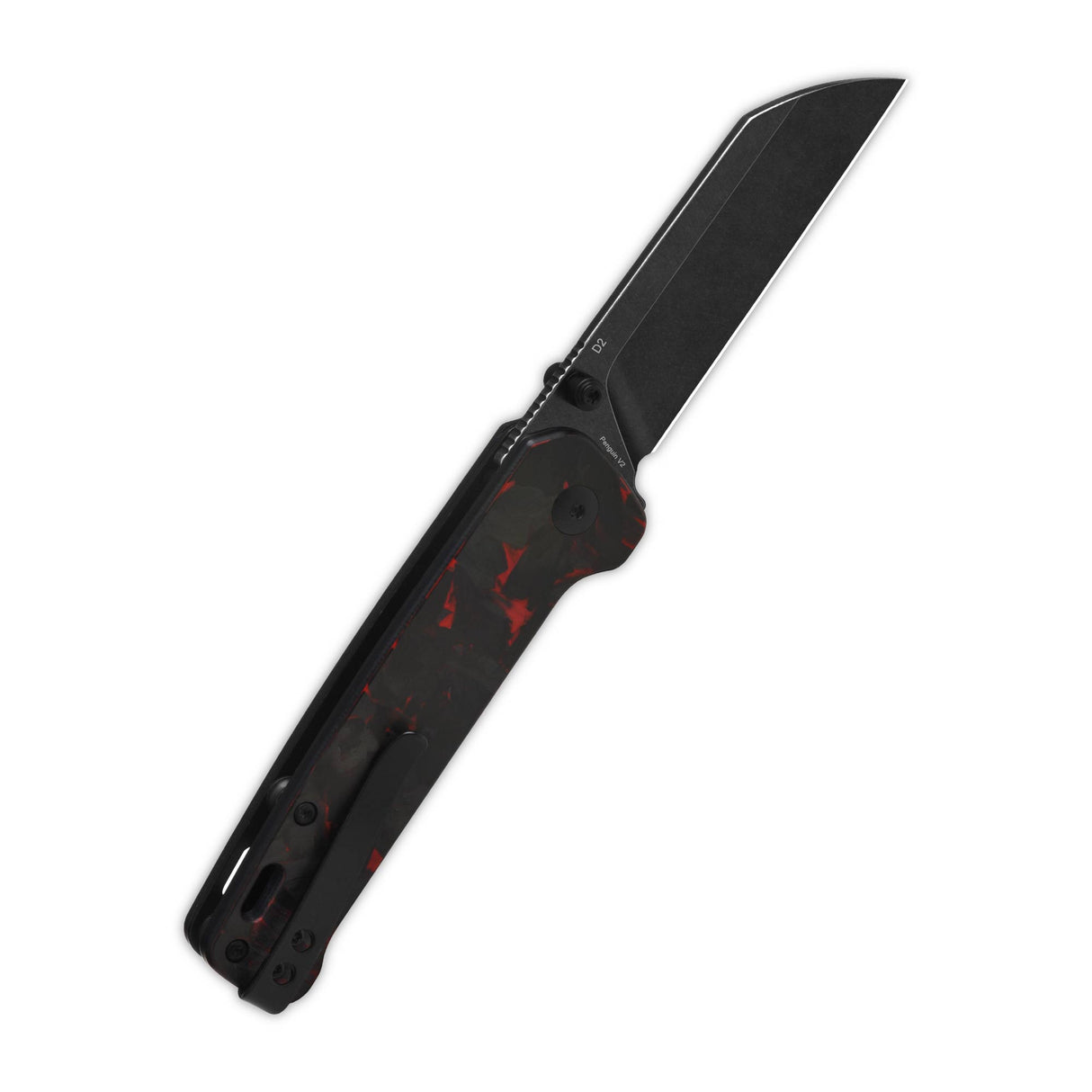 QSP Penguin V2 Liner Lock Pocket Knife D2 blade Red Shredded CF overlay G10 handle