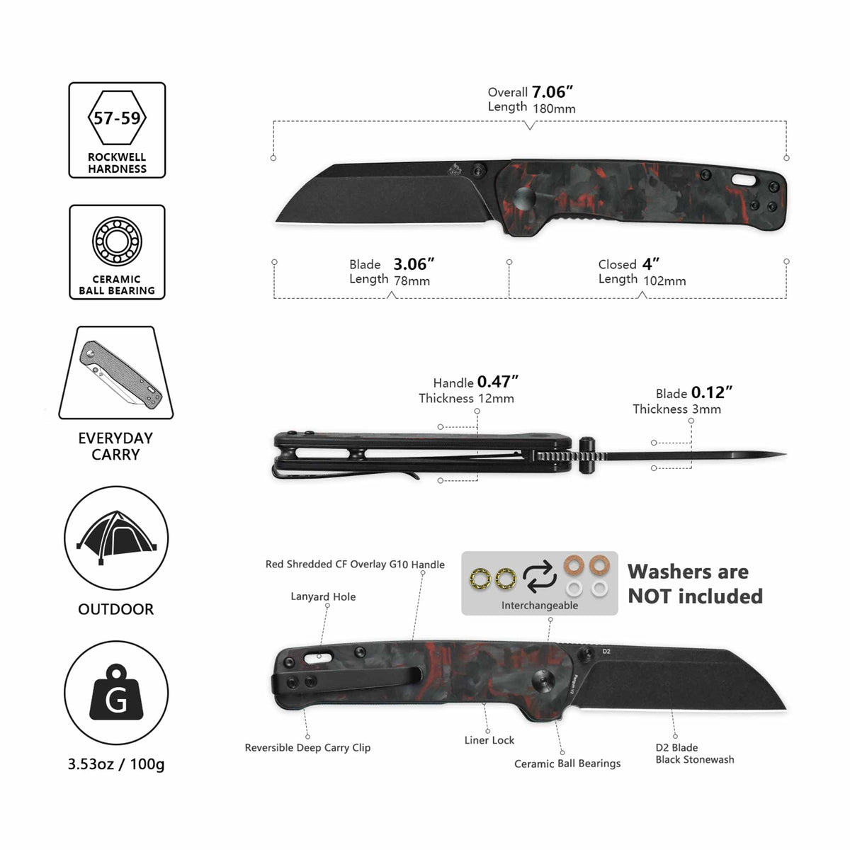 QSP Penguin V2 Liner Lock Pocket Knife D2 blade Red Shredded CF overlay G10 handle