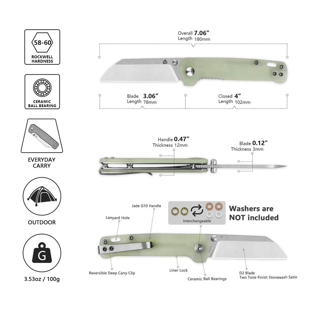 QSP Penguin V2 Liner Lock Pocket Knife D2 blade Jade G10 handle