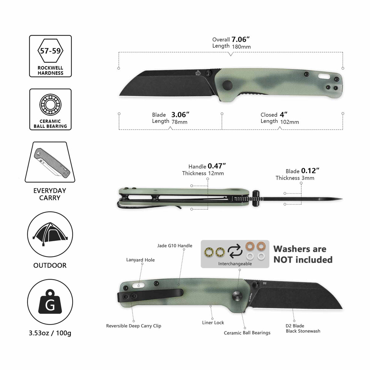 QSP Penguin V2 Liner Lock Pocket Knife D2 blade Jade G10 handle