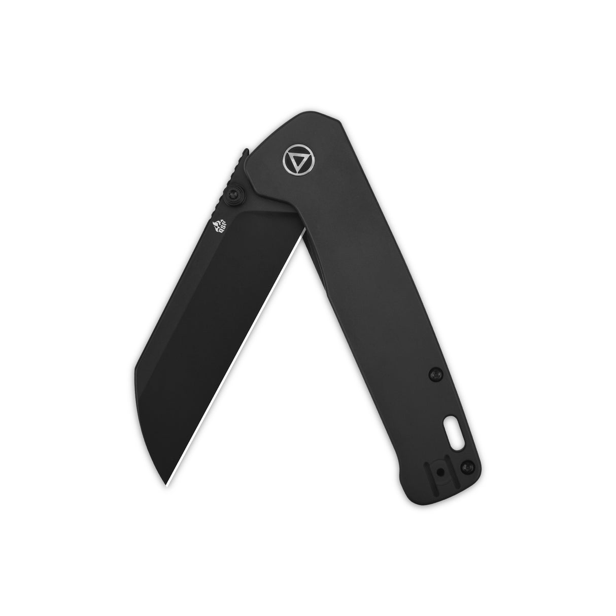 Partially open QSP Penguin Plus pocket knife with black titanium handle and blade.