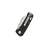 Close-up of QSP Penguin Mini pocket knife with green Micarta handle and stainless steel clip