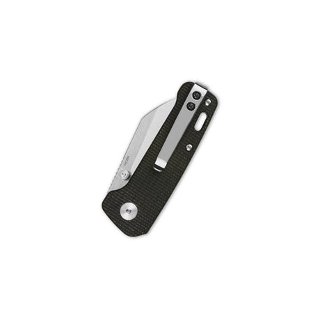 Close-up of QSP Penguin Mini pocket knife with green Micarta handle and stainless steel clip