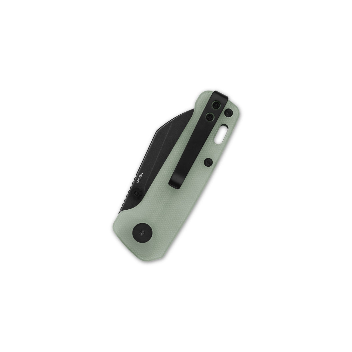 Folded QSP Penguin Mini pocket knife with jade G10 handle and sheepsfoot blade.