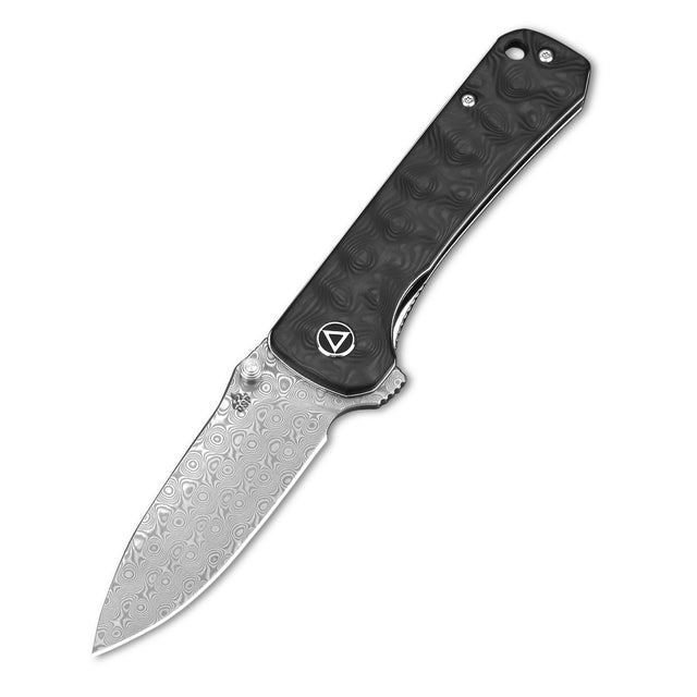 QSP Hawk pocket knife with Laminated Damascus blade and carbon fiber handle
