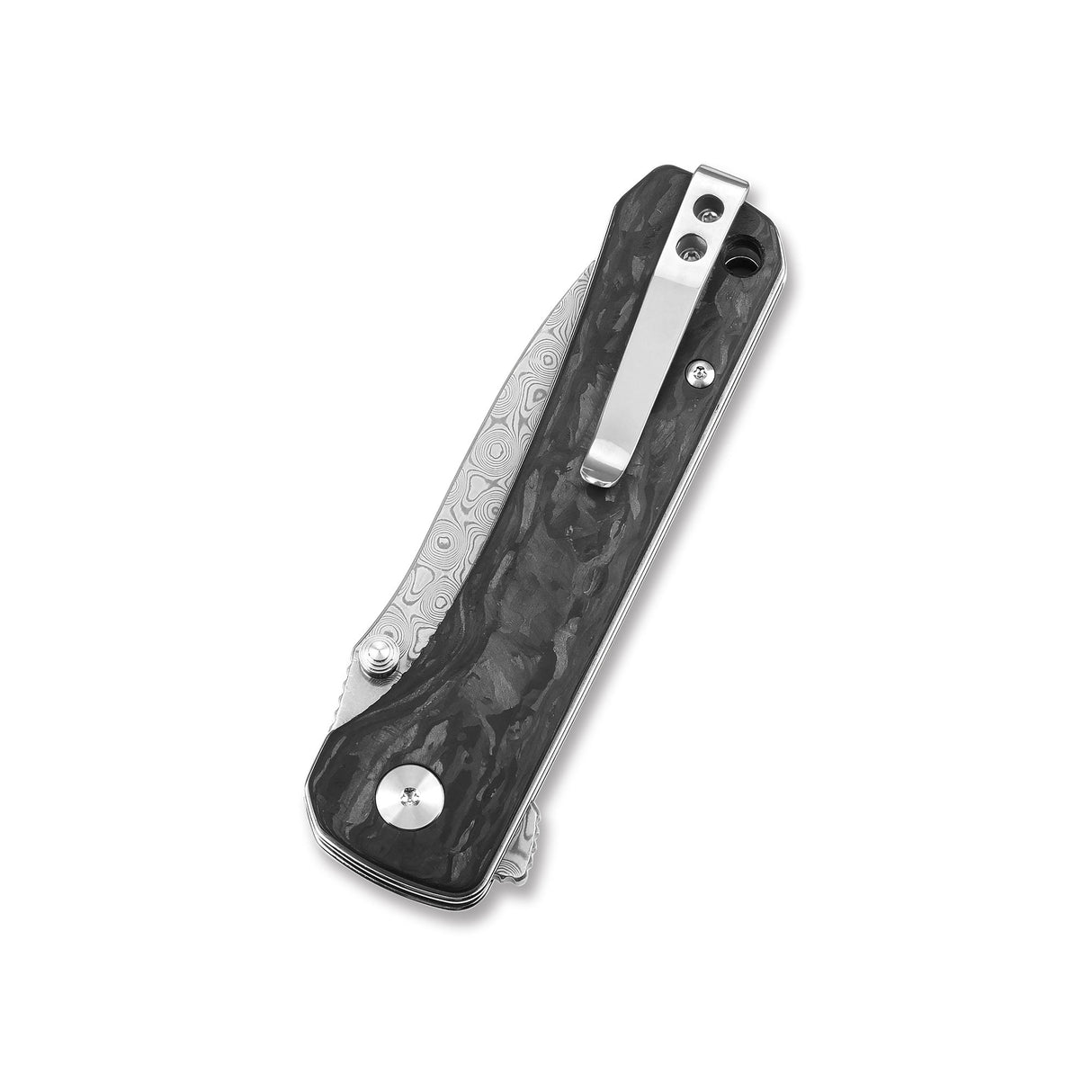 Closed QSP Hawk pocket knife with Damascus blade and carbon fiber handle
