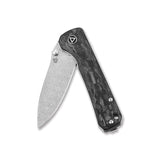 QSP Hawk pocket knife with laminated Damascus blade and carbon fiber handle, open view