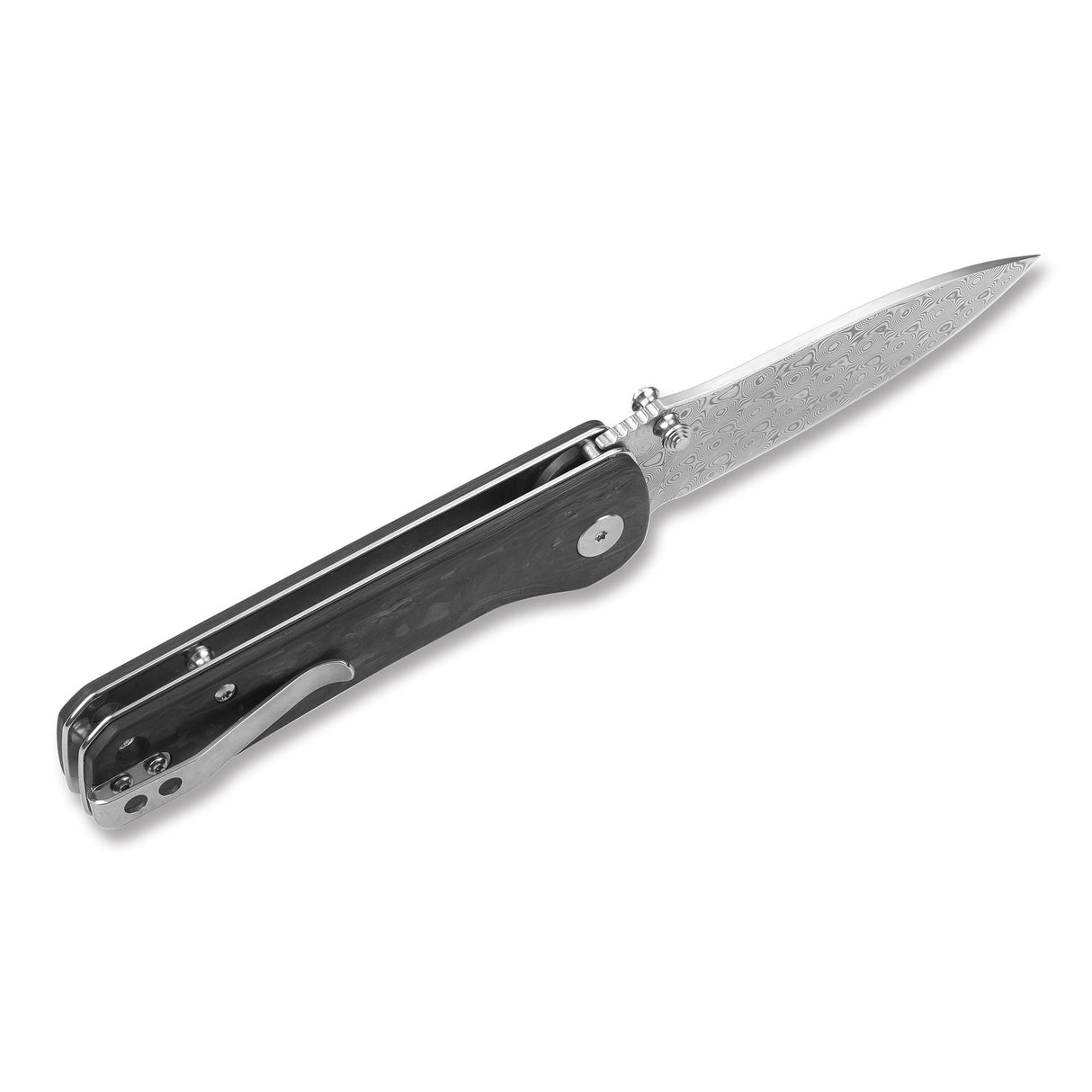 Open QSP Hawk Pocket Knife showcasing Damascus blade and sleek carbon fiber handle