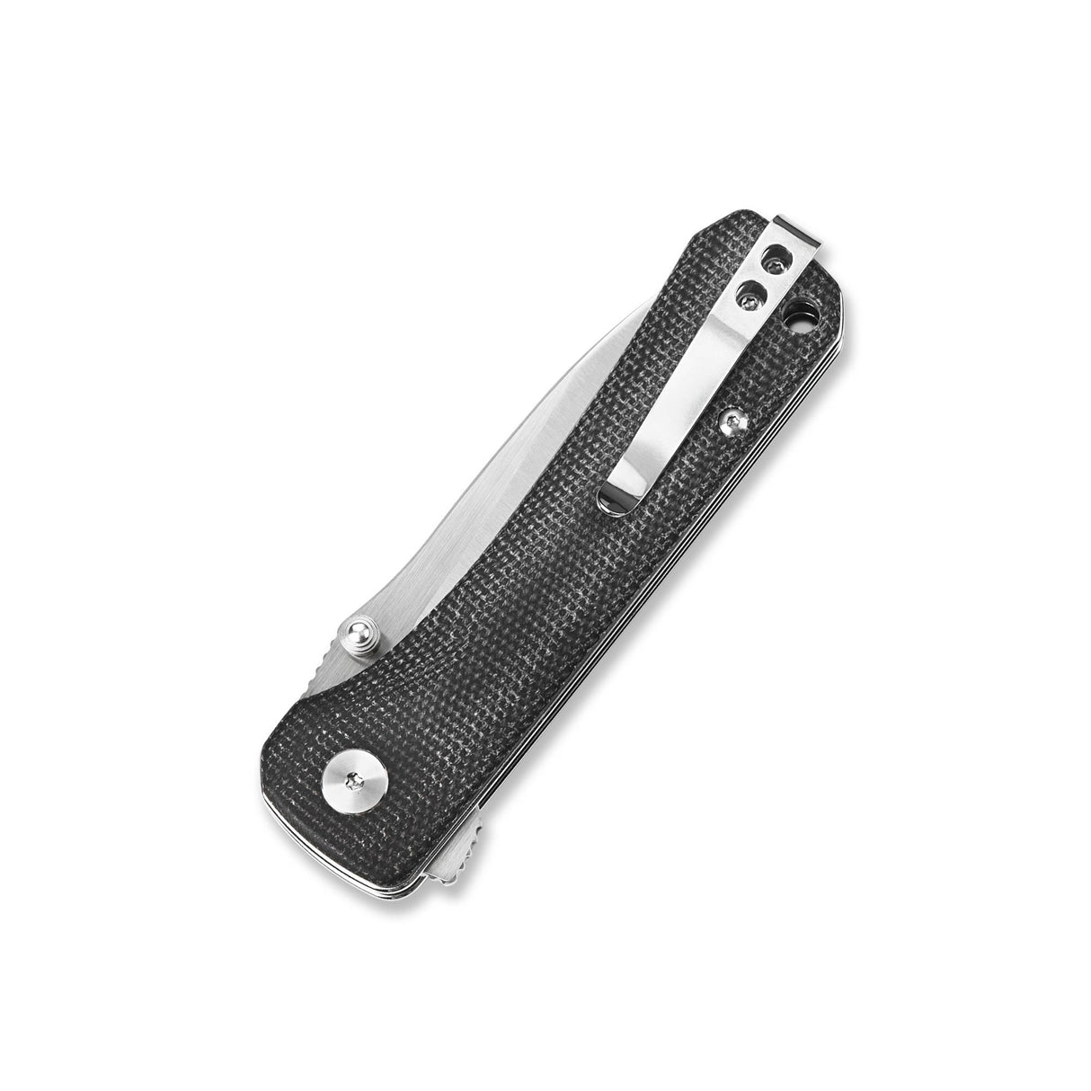 Closed QSP Hawk pocket knife with textured black micarta handle and silver clip