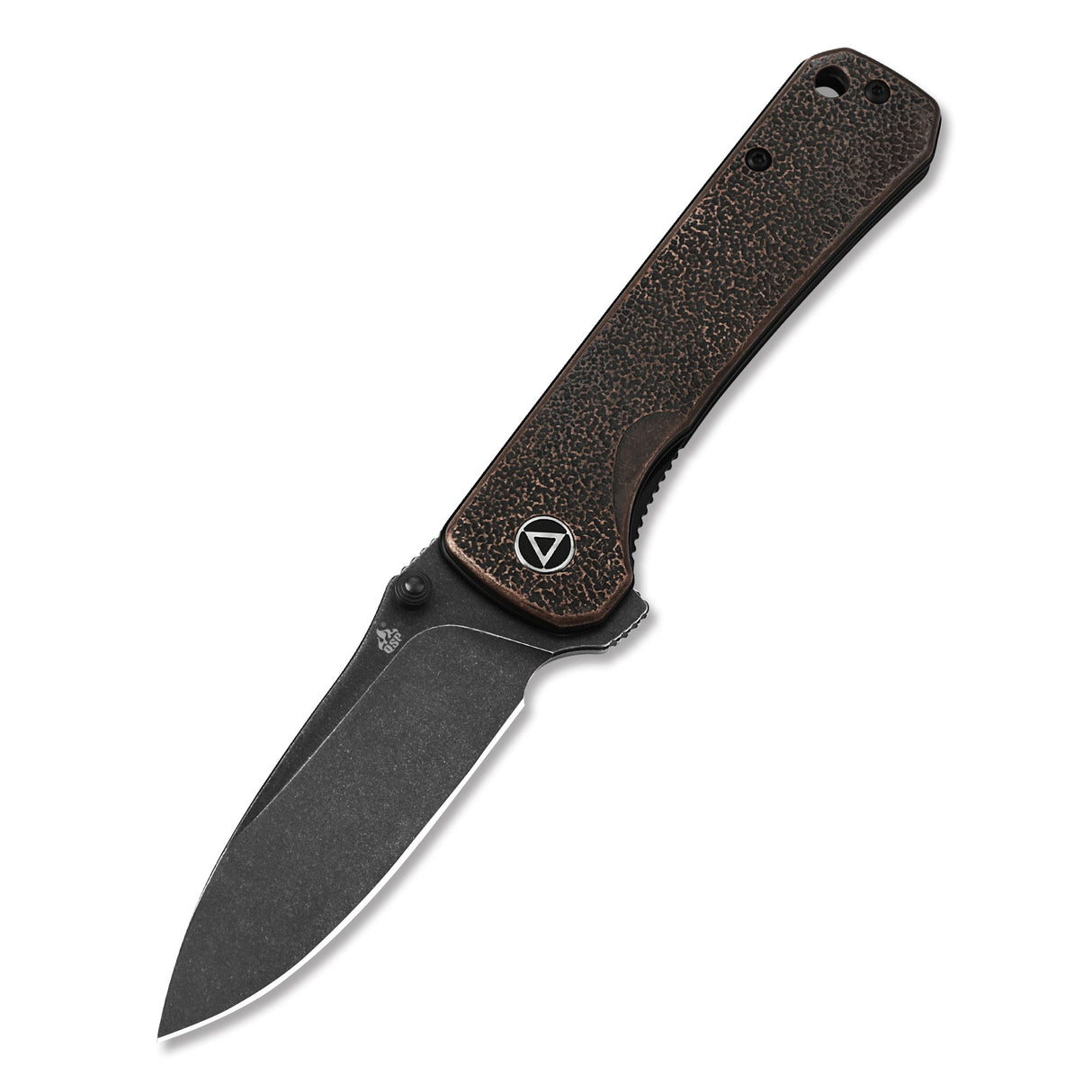 QSP Hawk pocket knife featuring a black blade and patterned handle, open view.