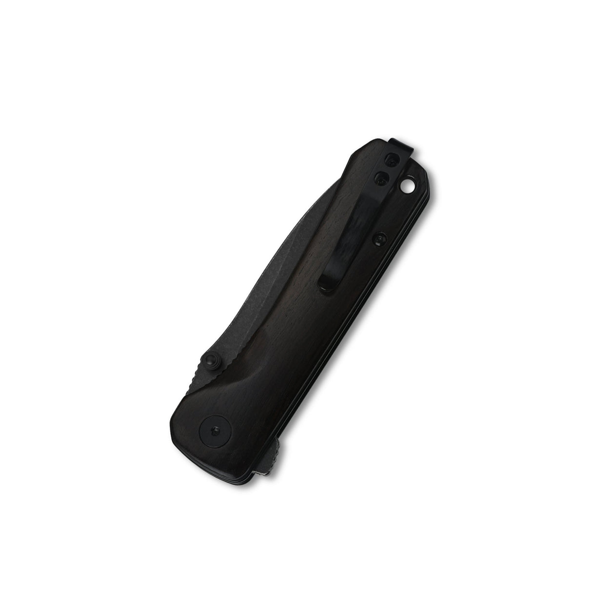QSP Hawk Pocket Knife closed view with ebony wood handle and stainless steel clip.