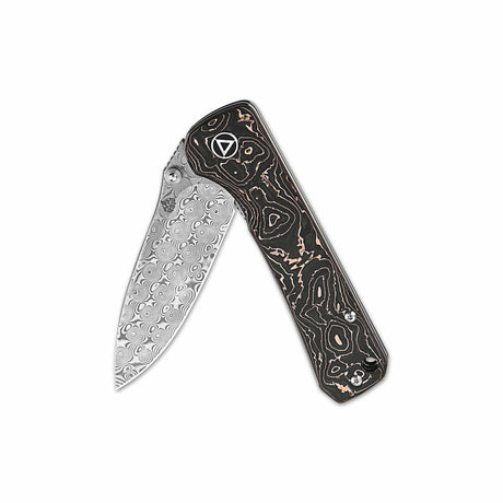 QSP Hawk Liner Lock Pocket Knife Laminated Damascus Blade with Copper foil Carbon Fiber Handles