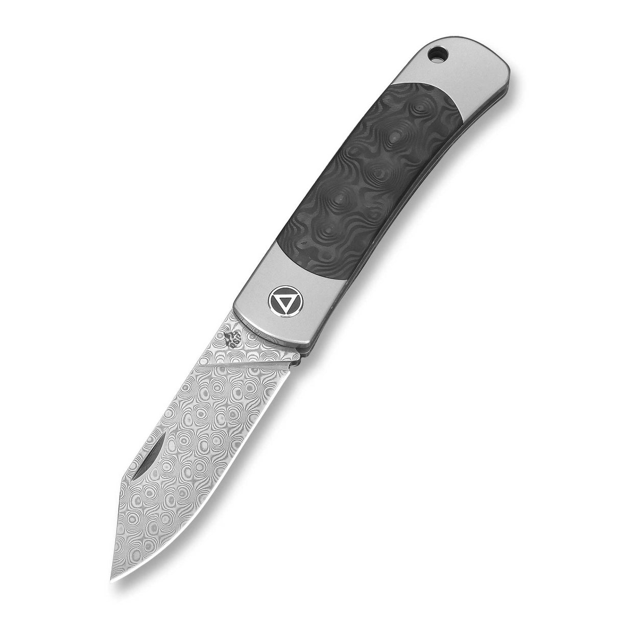 QSP Falcon Slip Joint Pocket Knife Damascus Blade Titanium Handle with Marbled CF Insert