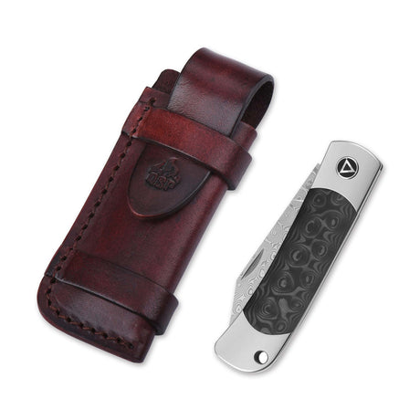 QSP Falcon slip joint pocket knife with leather pouch and laminated Damascus blade