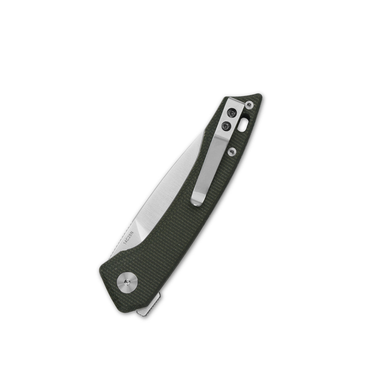 QSP Leopard Liner Lock Pocket Knife with green Micarta handle and stainless steel clip.