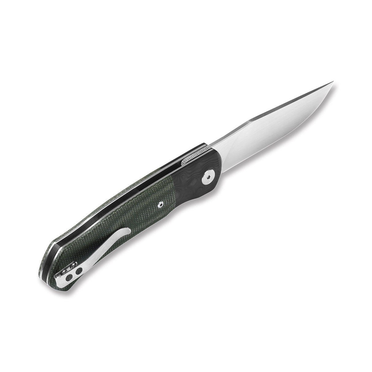QSP Gannet pocket knife with satin 154CM blade and textured black and green micarta handle.