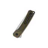 QSP Osprey pocket knife with brass handle and textured grip, showcasing 14C28N blade