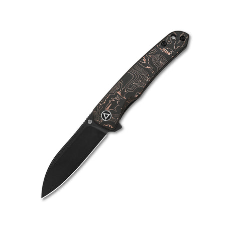 QSP Otter pocket knife with black blade and patterned G10 handle design.