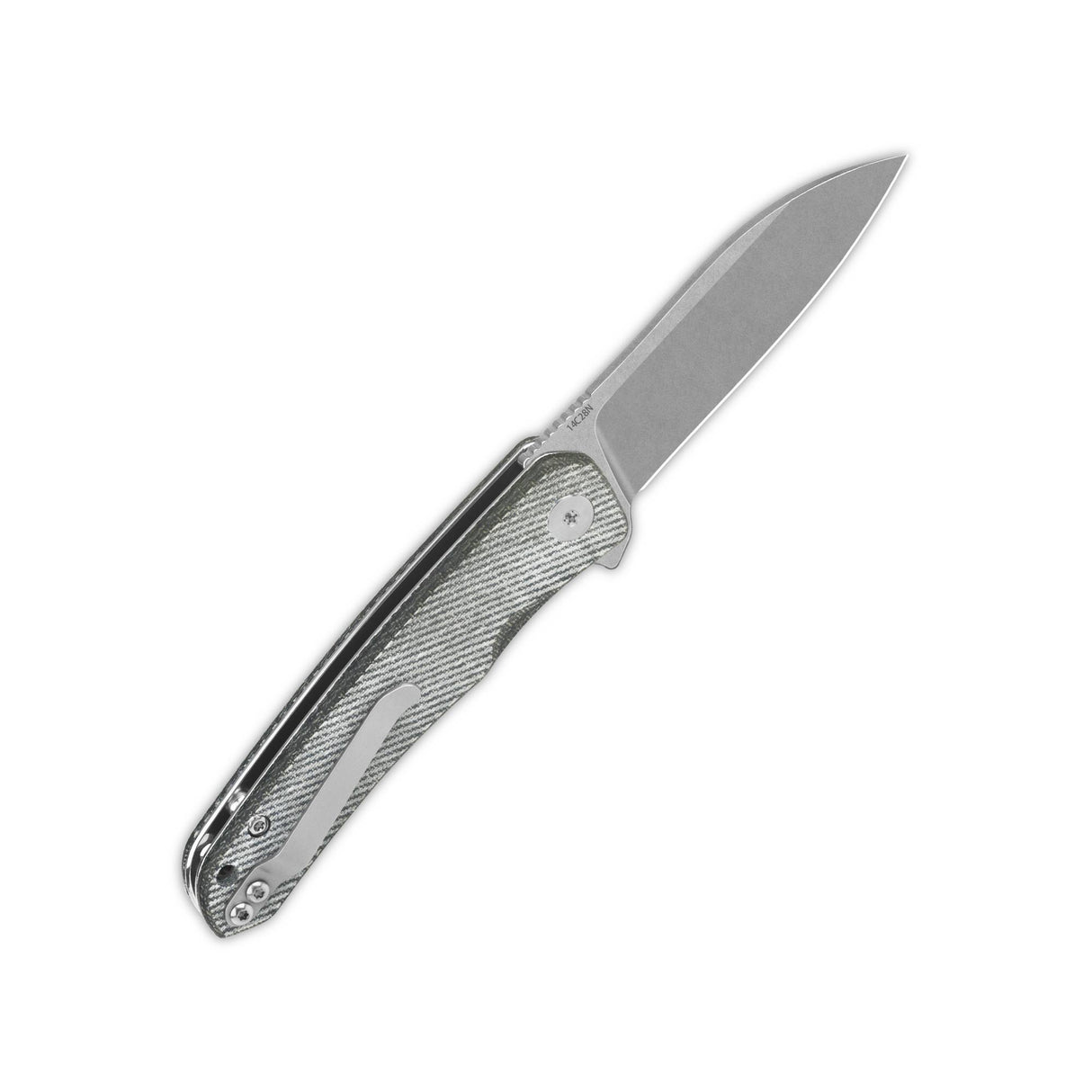 QSP Otter pocket knife with 14C28N blade and denim micarta handle, closed
