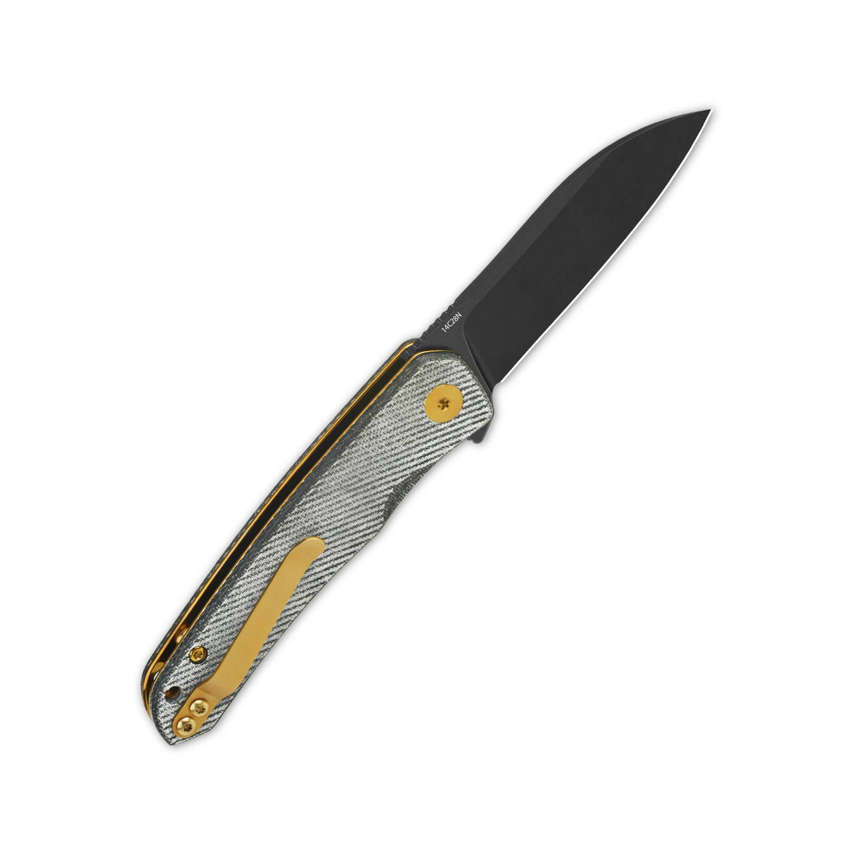 QSP Otter pocket knife closed, 14C28N black blade and denim micarta handle
