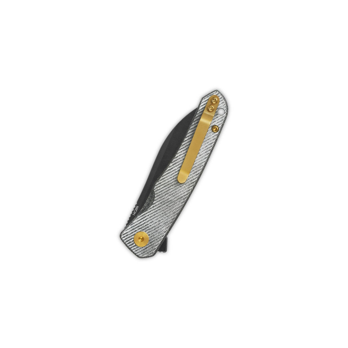 Closed QSP Otter pocket knife with denim micarta handle and gold clip.