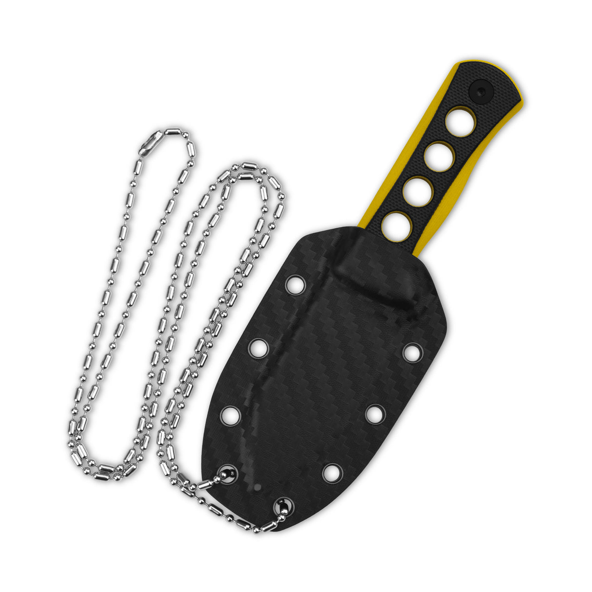 QSP Canary neck knife Kydex sheath with chain and black/yellow handle colors.