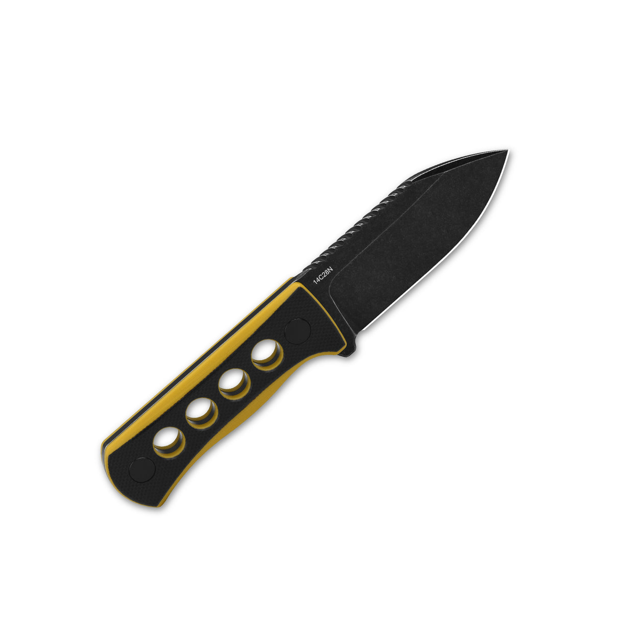 Black and yellow QSP Canary neck knife with 14C28N blade and G10 handle