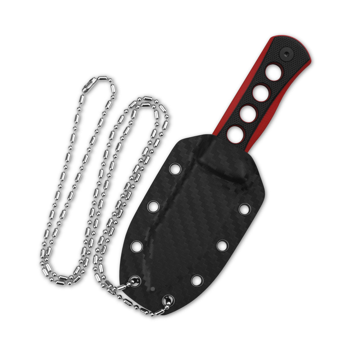 Kydex sheath with chain for QSP Canary Neck Knife, featuring black/red handle.