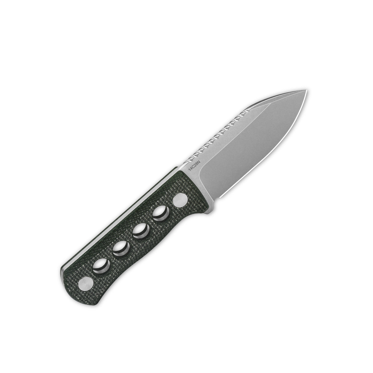 QSP Canary neck knife with green Micarta handle and 14C28N blade