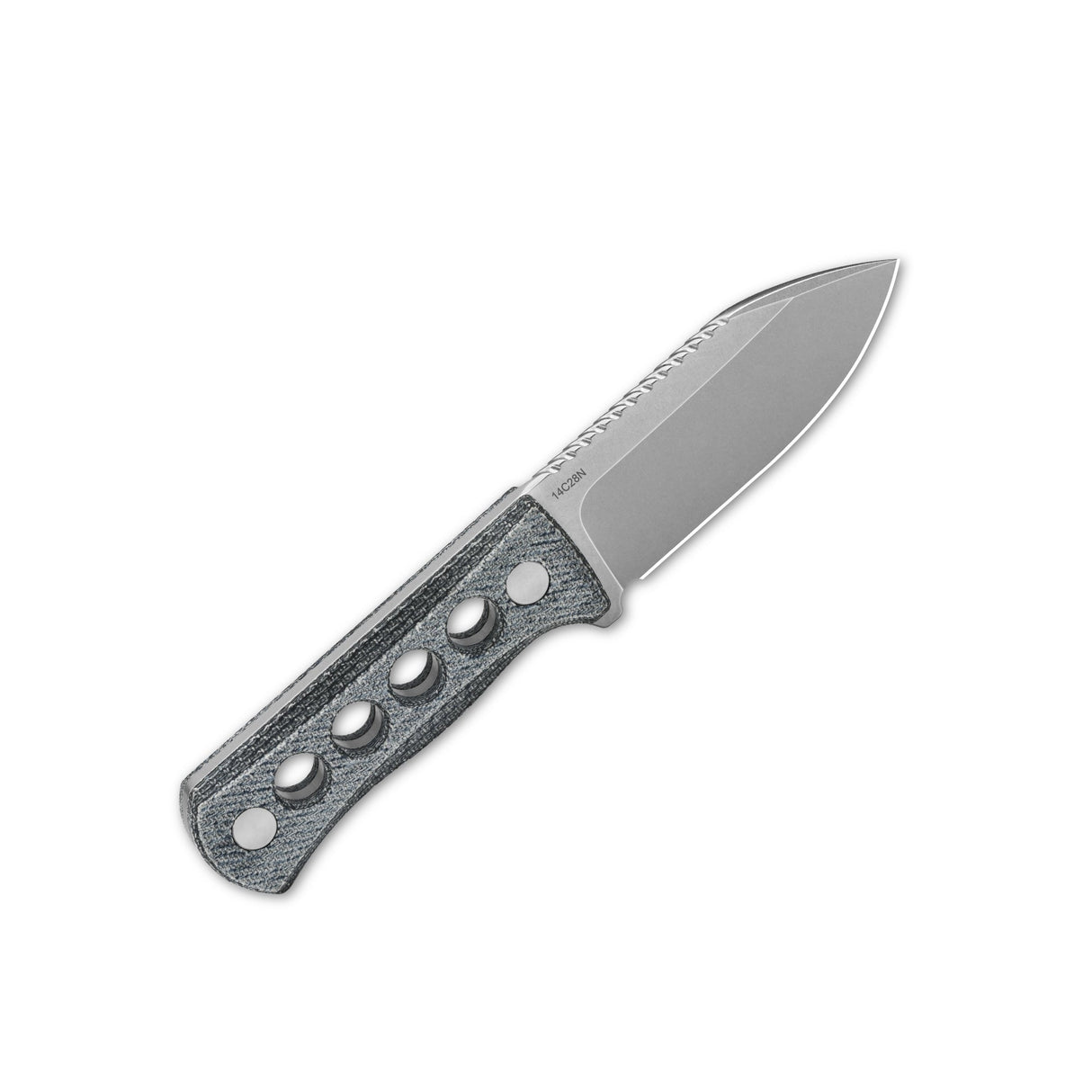 QSP Canary neck knife with denim Micarta handle and 14C28N spear point blade