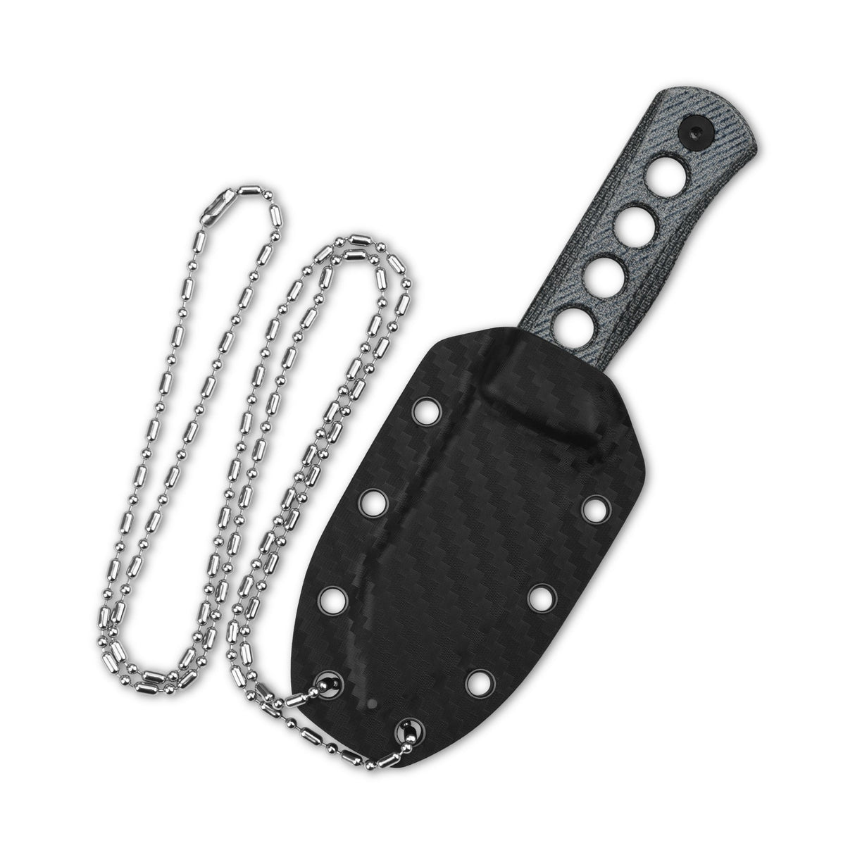 Kydex sheath for QSP Canary neck knife with chain and denim Micarta handle