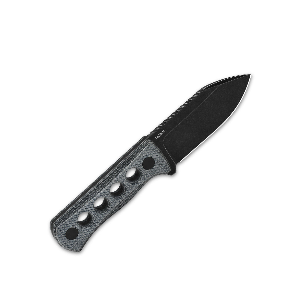 QSP Canary neck knife with denim Micarta handle and black 14C28N spear point blade