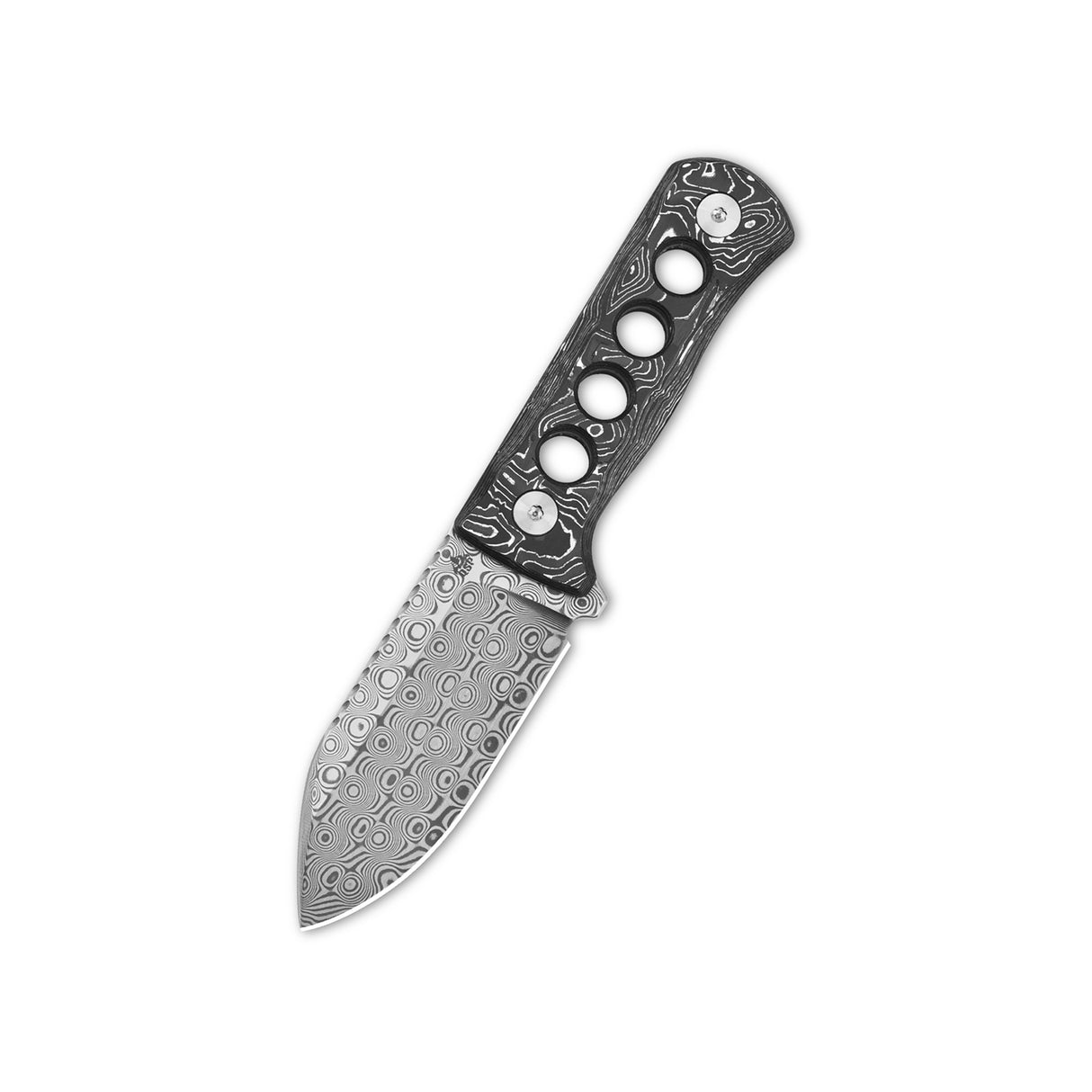 QSP Canary Neck Knife with Damascus blade and patterned handle design.