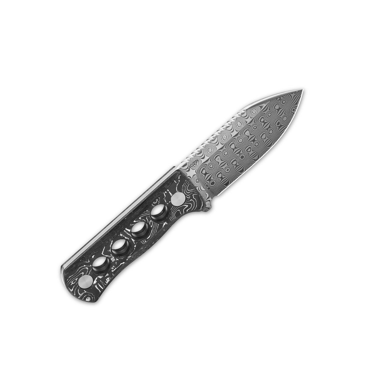 QSP Canary Neck Knife with laminated Damascus blade and unique handle design