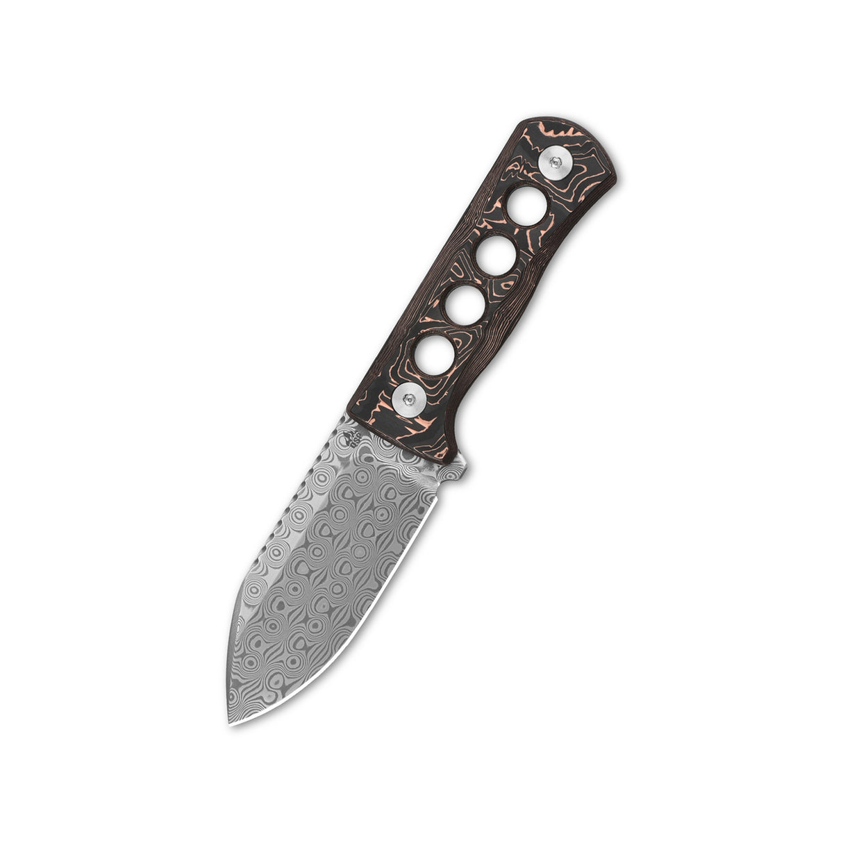 QSP Canary neck knife with laminated Damascus blade and copper foil handle.